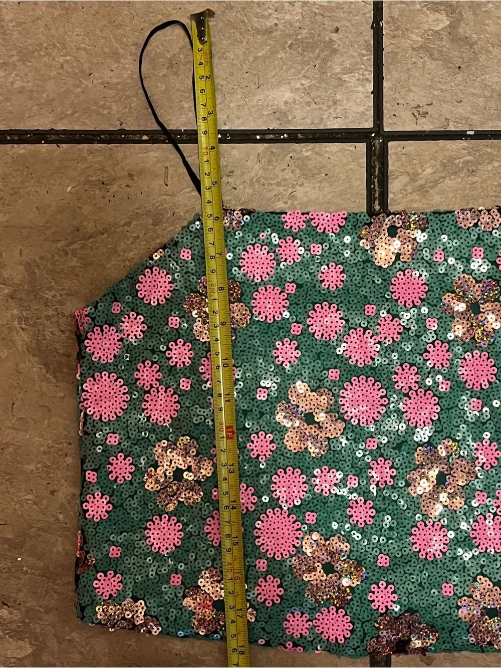 TOPSHOP Size 8 Green Pink Sequin Floral Crop Top Mini Skirt 2 Piece Set